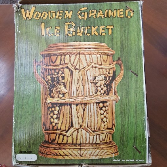 Vtg 1974 Plastic Ice Bucket Faux Wood Grain Plastic Original Box Appx 10 x8"